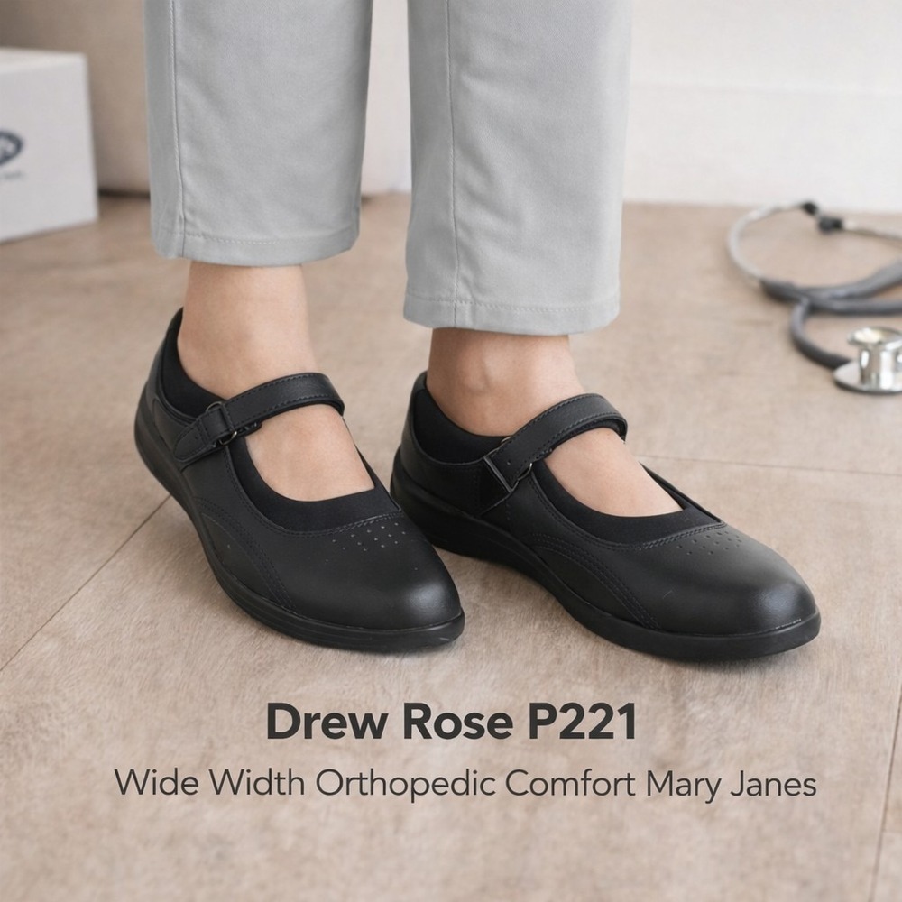 Drew Rose P221 Mary Jane Shoes Black Leather Orthopedic Comfort 7.5W Wide